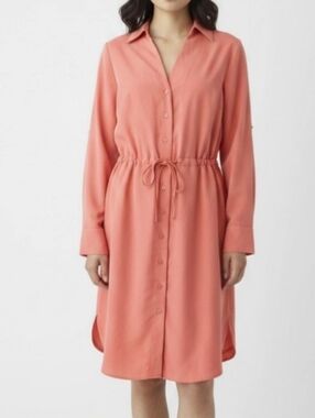 Soft Surroundings Peach/Coral Front Button Up Shirt Dress Roll Tab Sleeves Sz M.